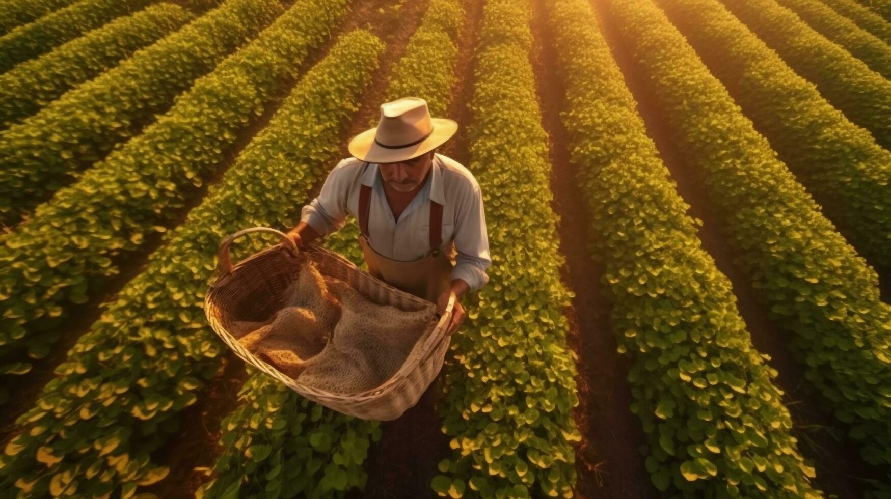 un' contadino con orgoglio in mostra un' cestino di appena raccolto fagioli nel un' vivace azienda agricola campo, ai generato foto