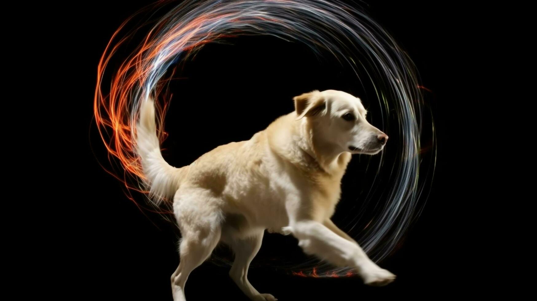 un' giocoso video di un' cane chasing suo coda nel cerchi, in mostra suo sconfinato energia e puro la gioia, ai generato foto