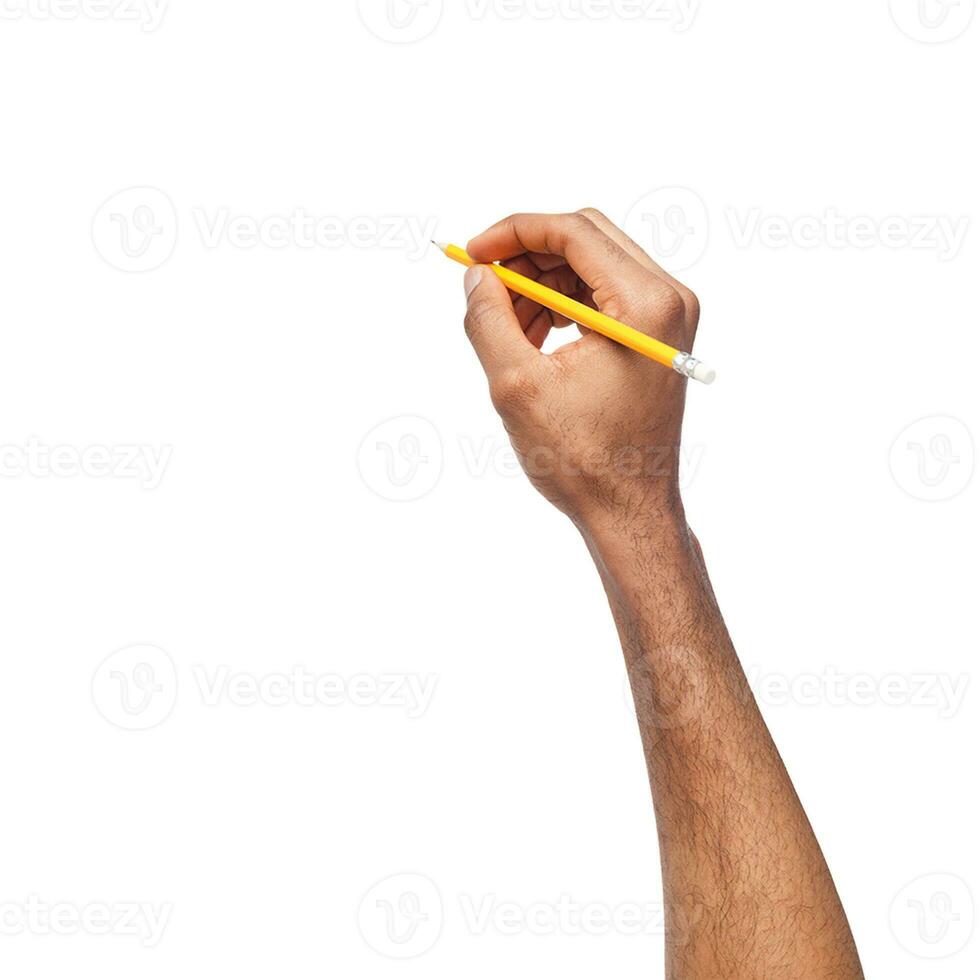uomo Tenere penna su bianca sfondo avvicinamento di mano in forma per formazione scolastica concetto. foto