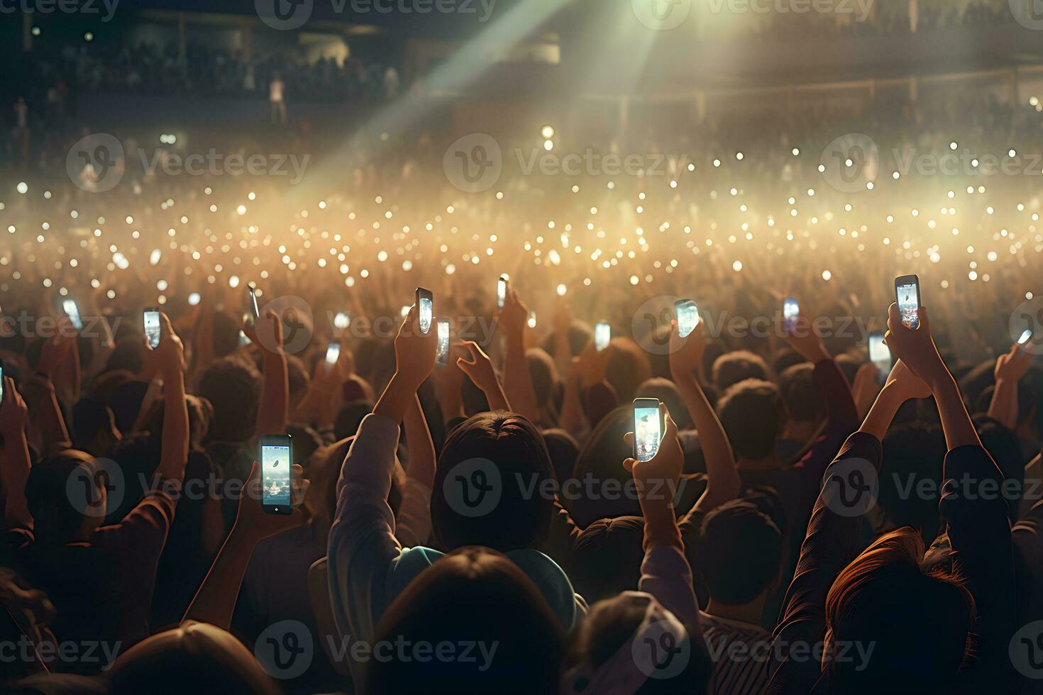 un' folla di persone a un' vivere evento, concerto o festa Tenere mani e smartphone su ,generativo ai foto