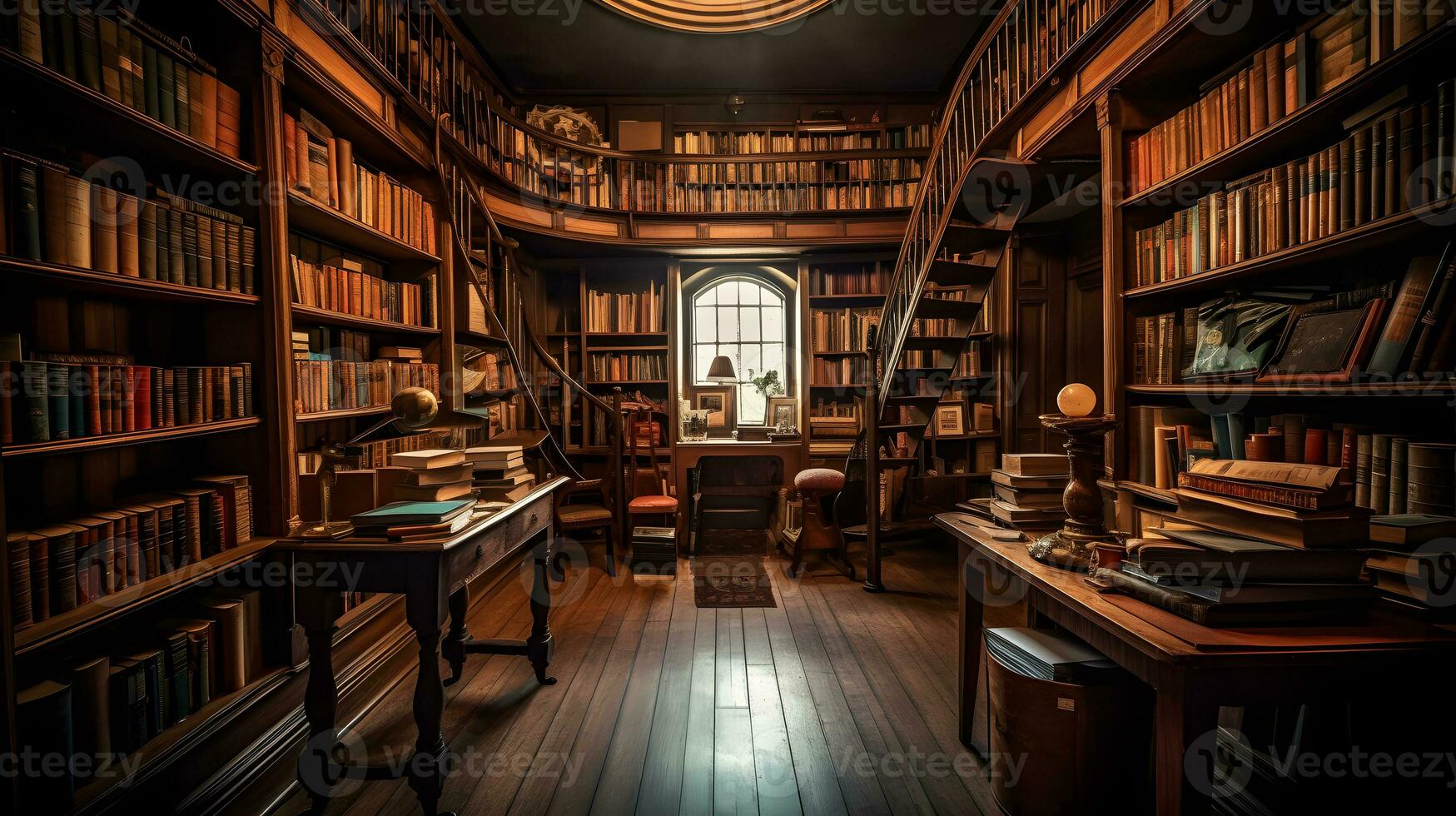vecchio biblioteca interno con libri su scaffali ,generativo ai foto