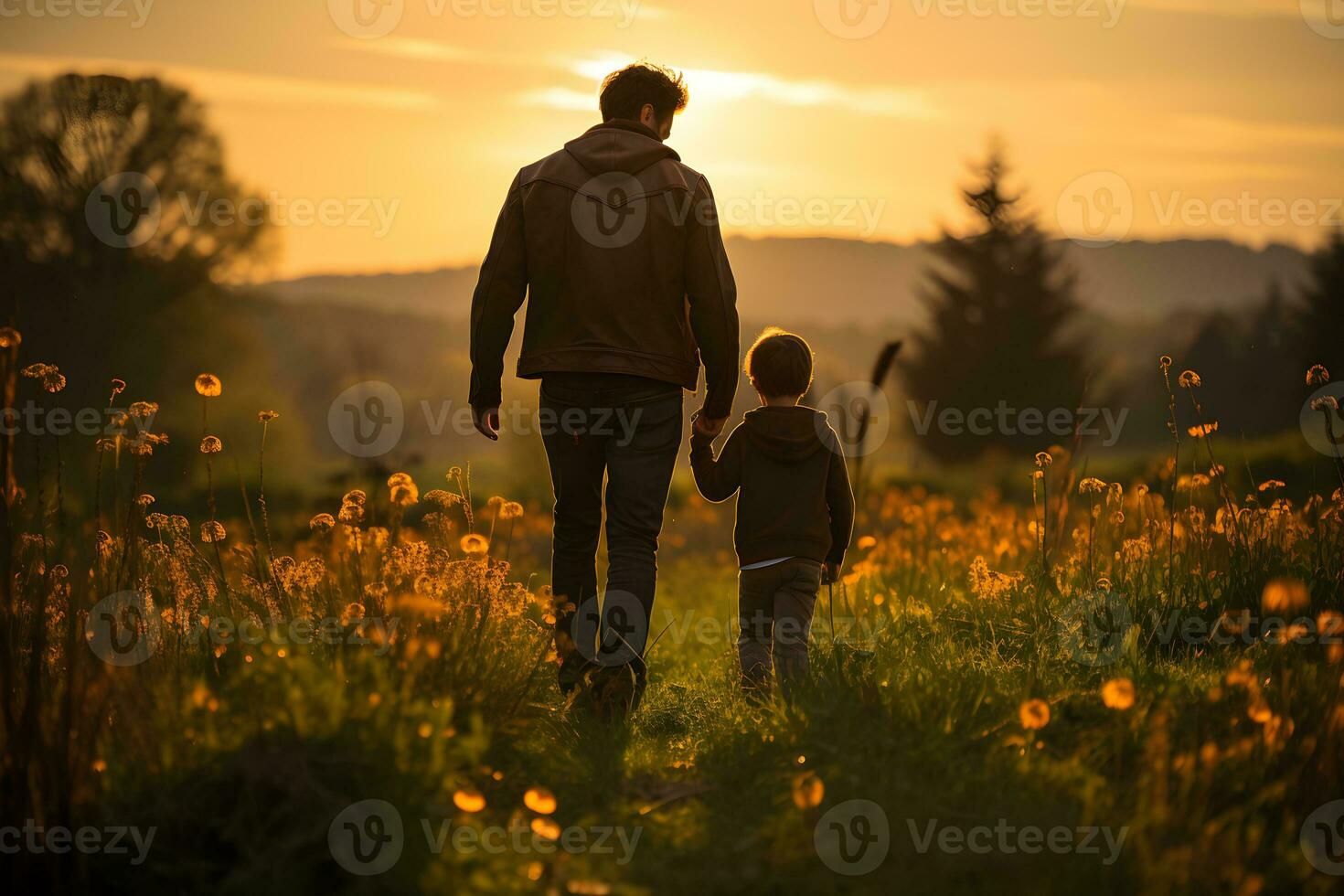 padre e figlio siamo Tenere mani nel il pomeriggio ,generativo ai foto