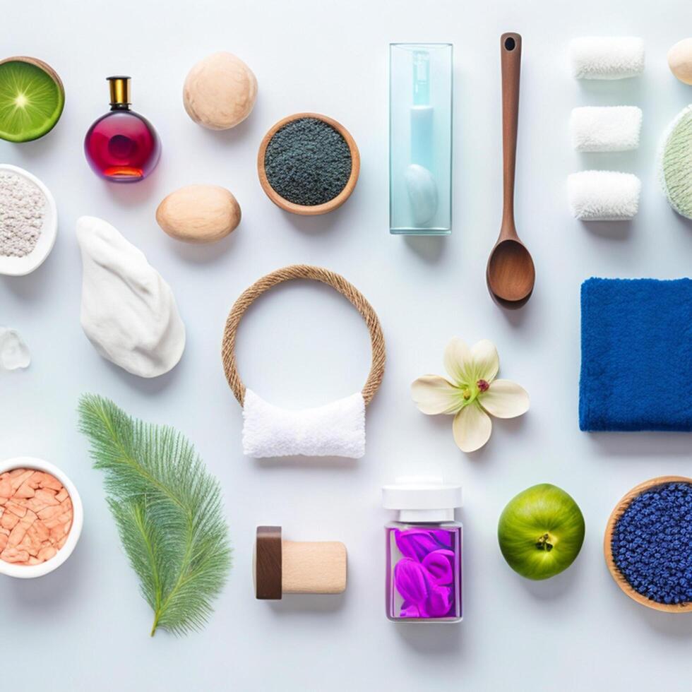 impostato di cosmetico prodotti su un' colore sfondo. cosmetico pacchetto collezione per crema, zuppe, schiume, shampoo.naturale bellezza vuoto etichetta per il branding modello concetto, generativo ai foto