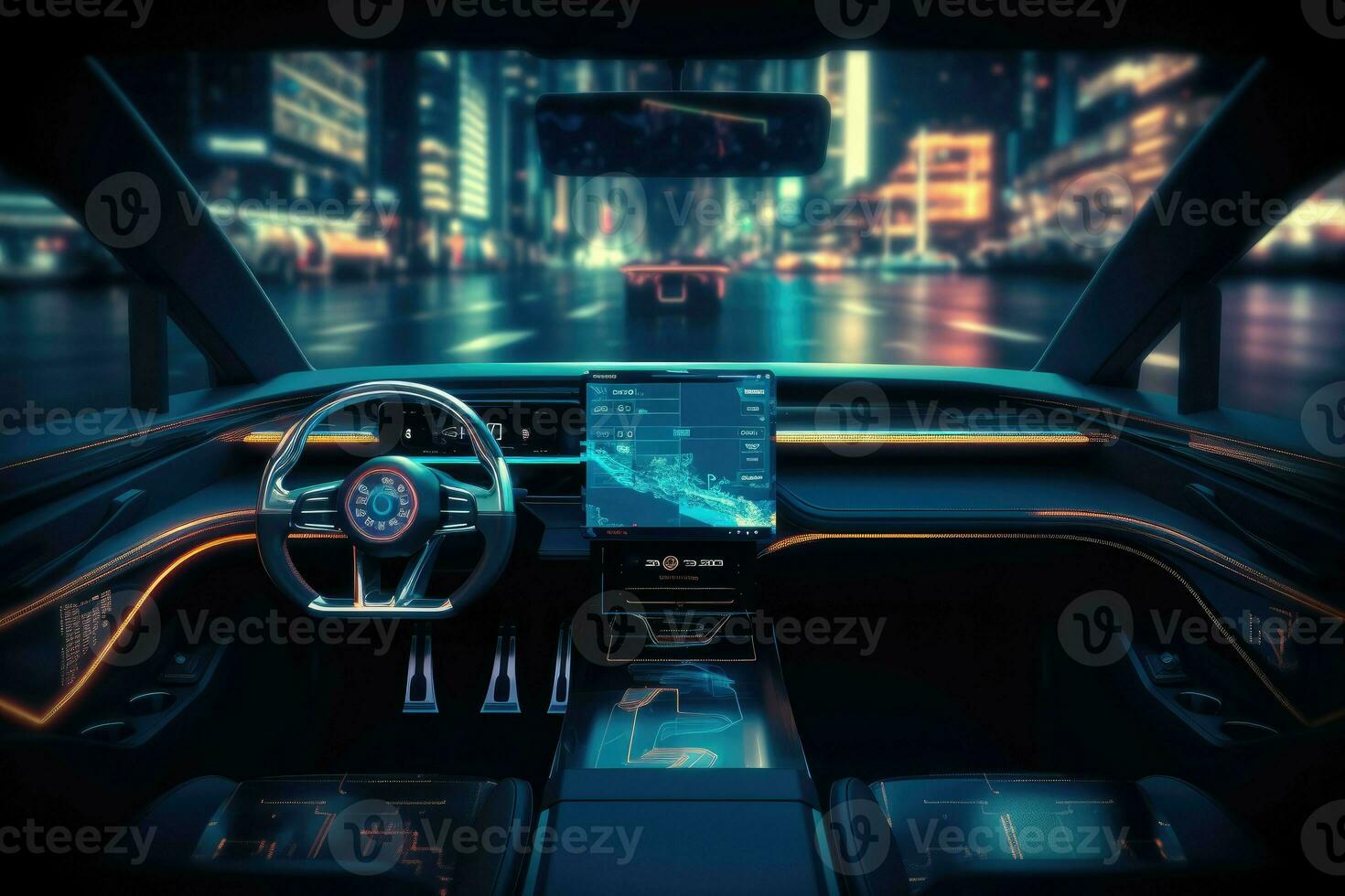 ai generato moderno inteligente auto tecnologia intelligente sistema. navigatore su auto Pannello. inteligente auto interno concetto con moderno toccare schermi a notte volta. nel il stile di ciberpunk, hdr, moderno. foto