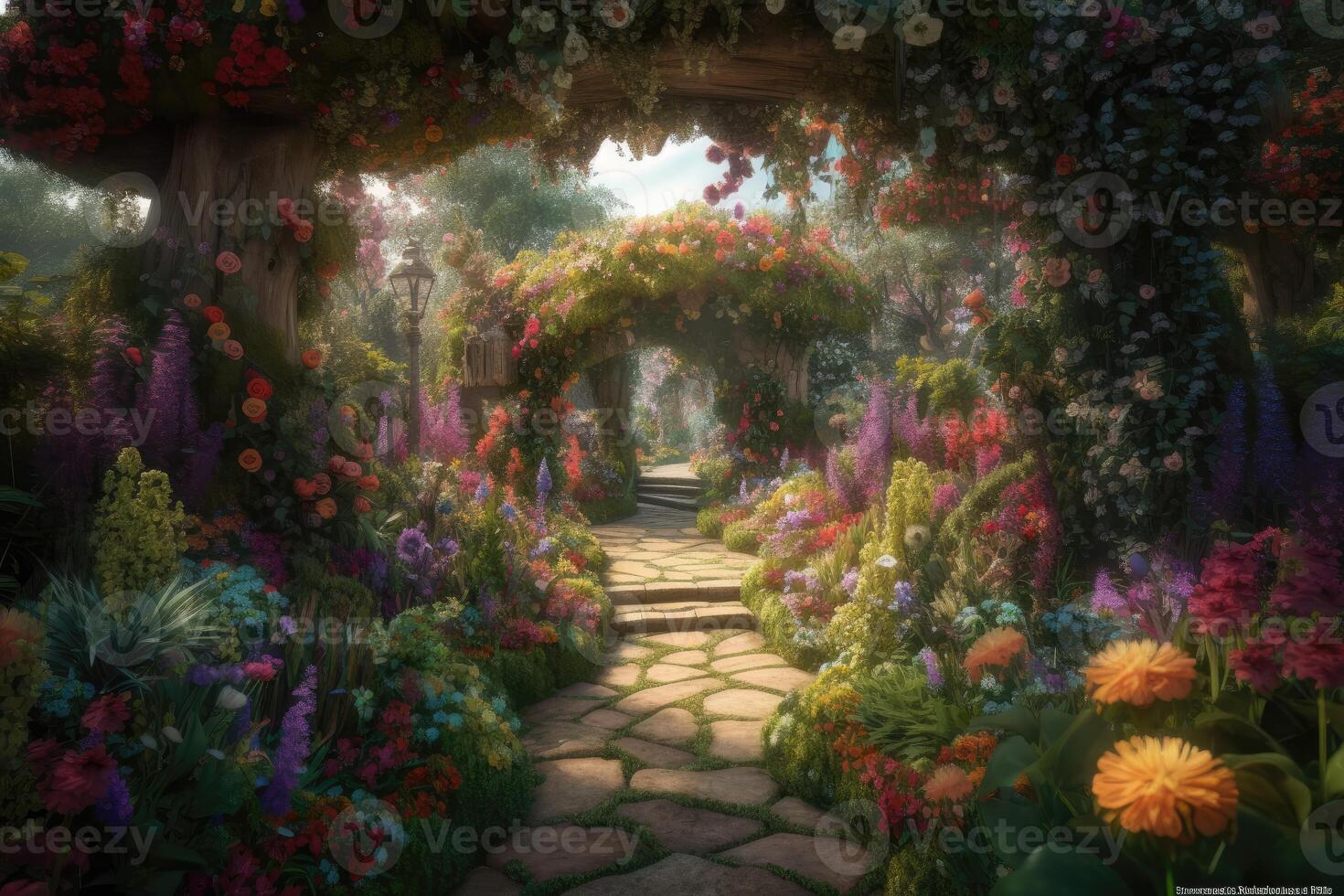 ai generato magico giardino nel pieno fioritura, con vibrante, fantastico fiori e impianti in crescita nel ogni direzione. foto