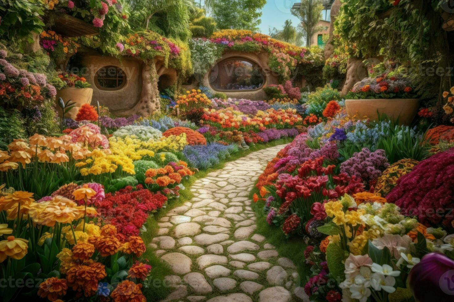 ai generato magico giardino nel pieno fioritura, con vibrante, fantastico fiori e impianti in crescita nel ogni direzione. foto