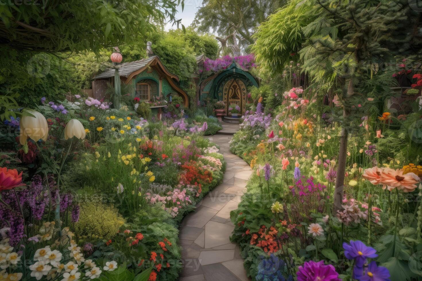 ai generato magico giardino nel pieno fioritura, con vibrante, fantastico fiori e impianti in crescita nel ogni direzione. foto