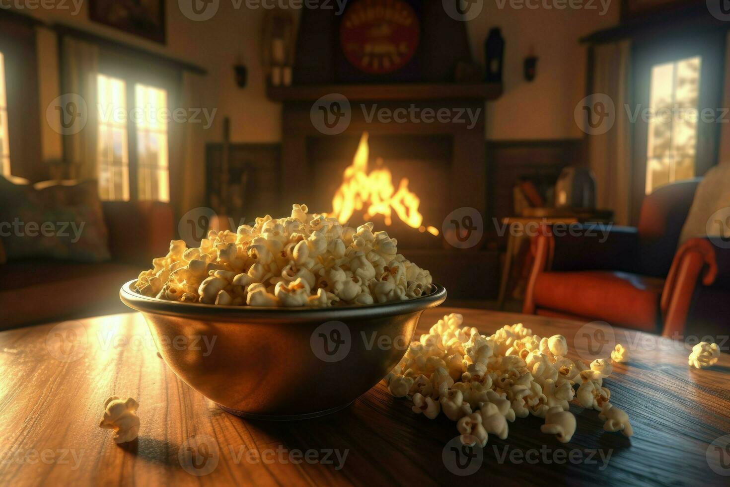 ai generato salato Popcorn traboccante a partire dal un' Vintage ▾ ciotola su un' di legno caffè tavolo nel un' accogliente vivente camera con un' ruggente fuoco nel il sfondo. foto