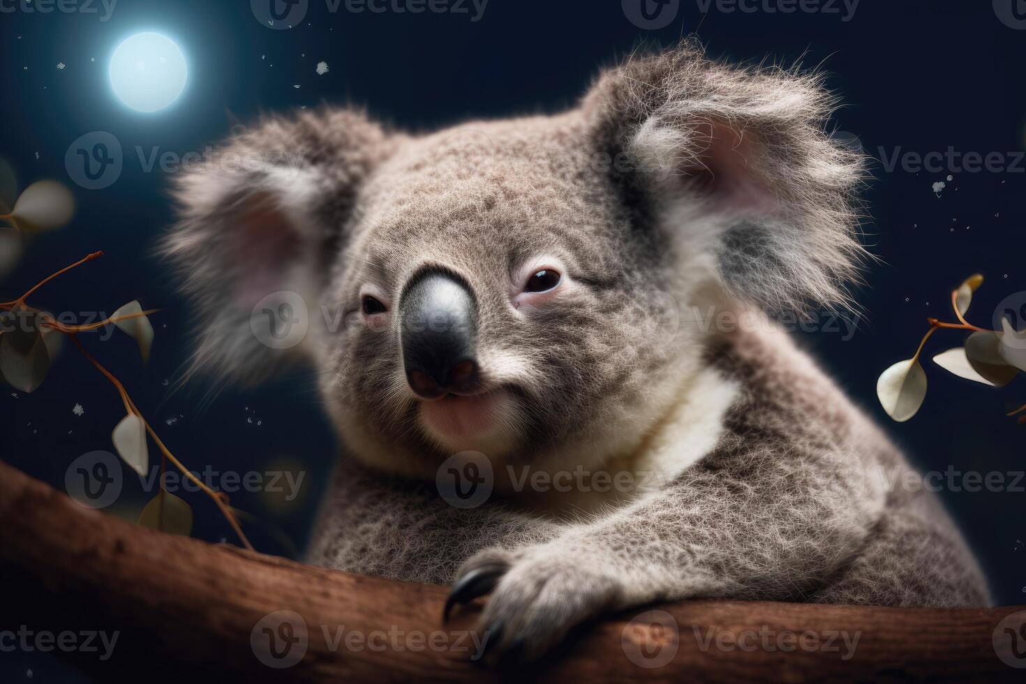 ai generato assonnato poco koala annidato nel un' eucalipto albero, con un' stellato notte cielo e un' luminosa pieno Luna nel il sfondo. foto