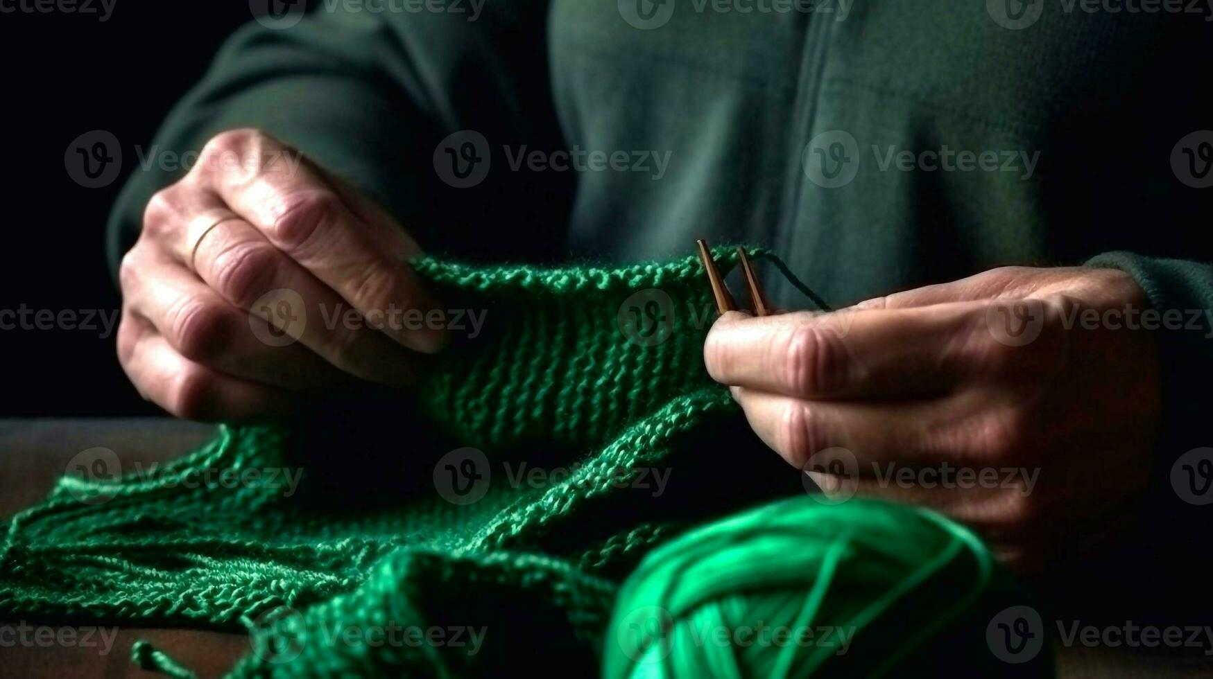 Uomini maglieria di mani, su un' buio verde sfondo, tenerezza, di spessore filo, nel un' moderno style.ai generato foto