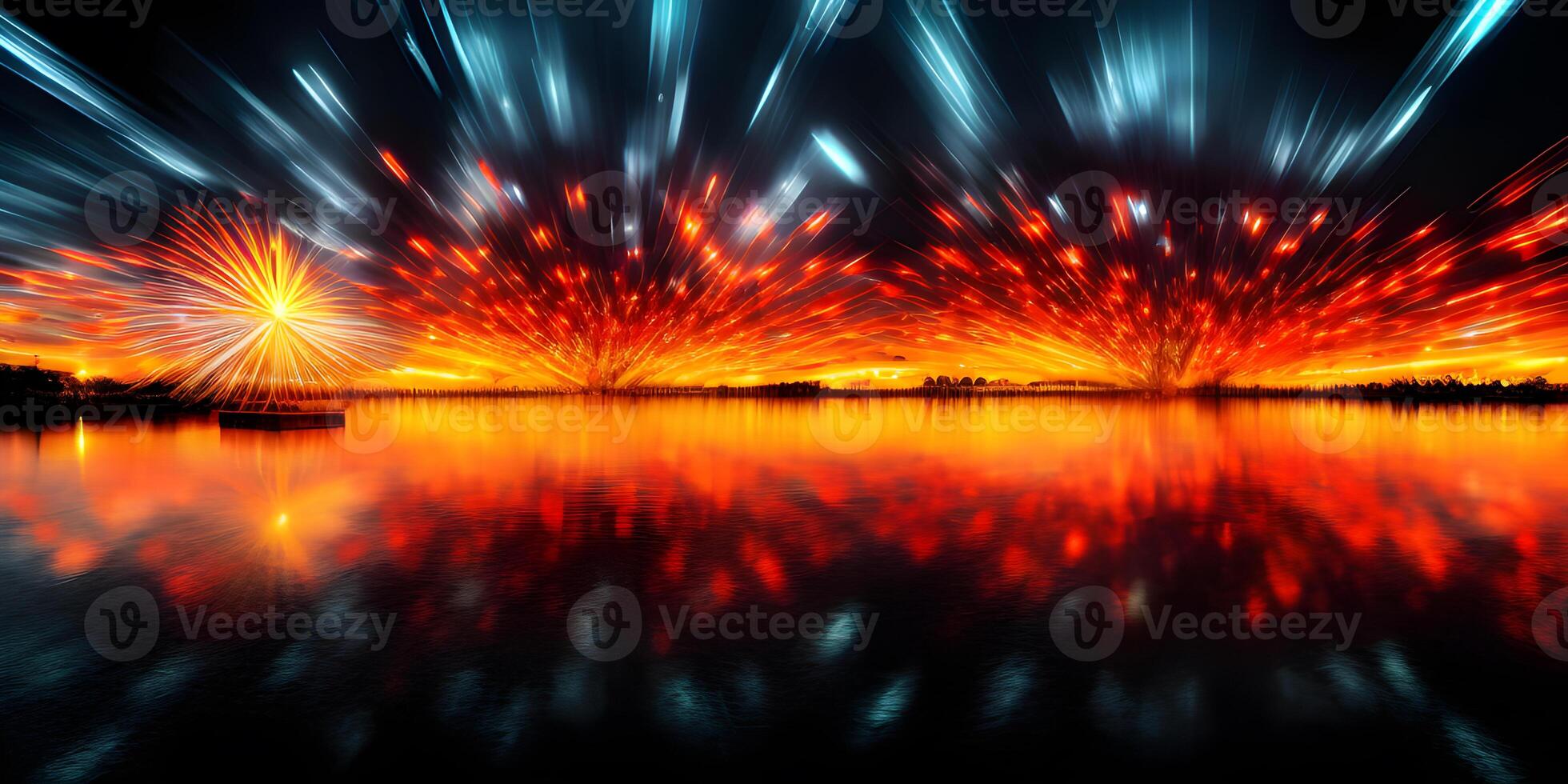 colorato fuochi d'artificio Schermo con vivace riflessi su acqua a notte natura sfondo, ai generato foto