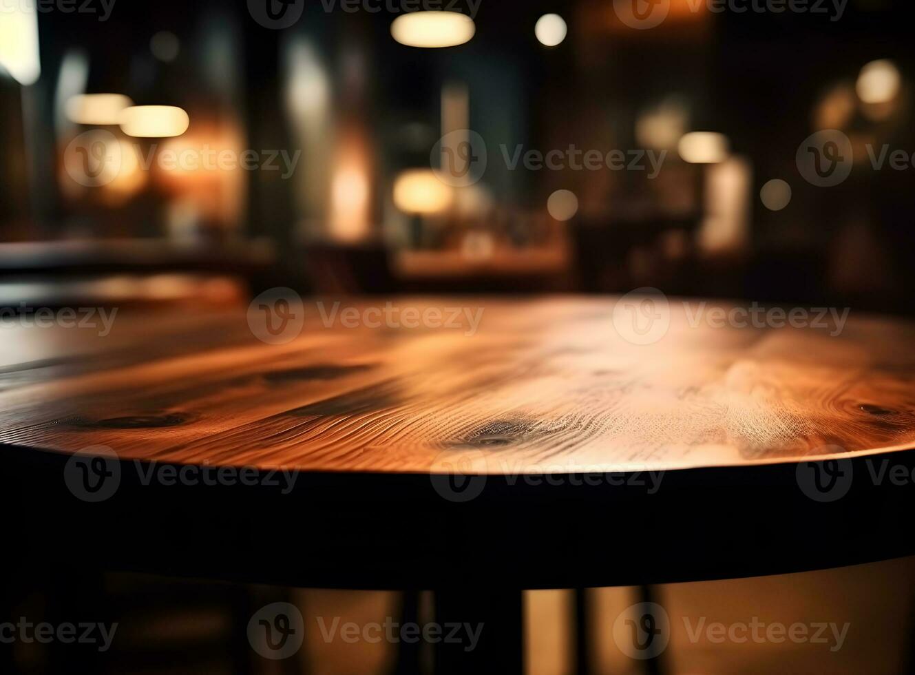 vuoto di legno tavolo al di sopra di sfocato bokeh sfondo, Prodotto Schermo montaggio foto