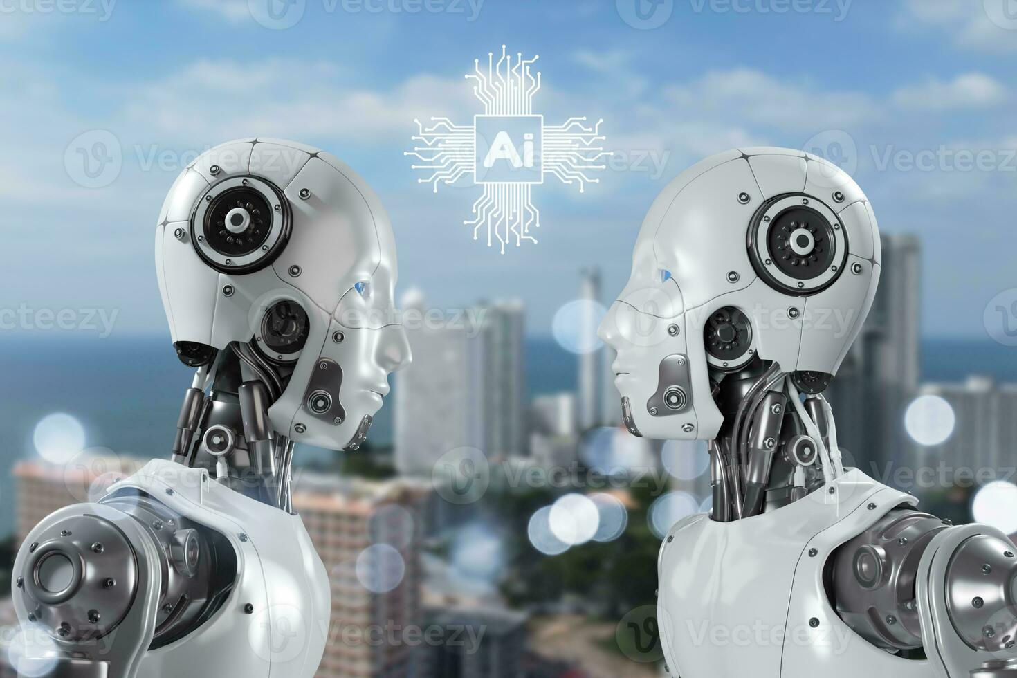 2 umanoide robot In piedi viso per viso su futuristico sfondo. robot cibernetico organismo lavori con un' virtuale hud interfaccia nel Augmented realtà. futuro concetto. foto