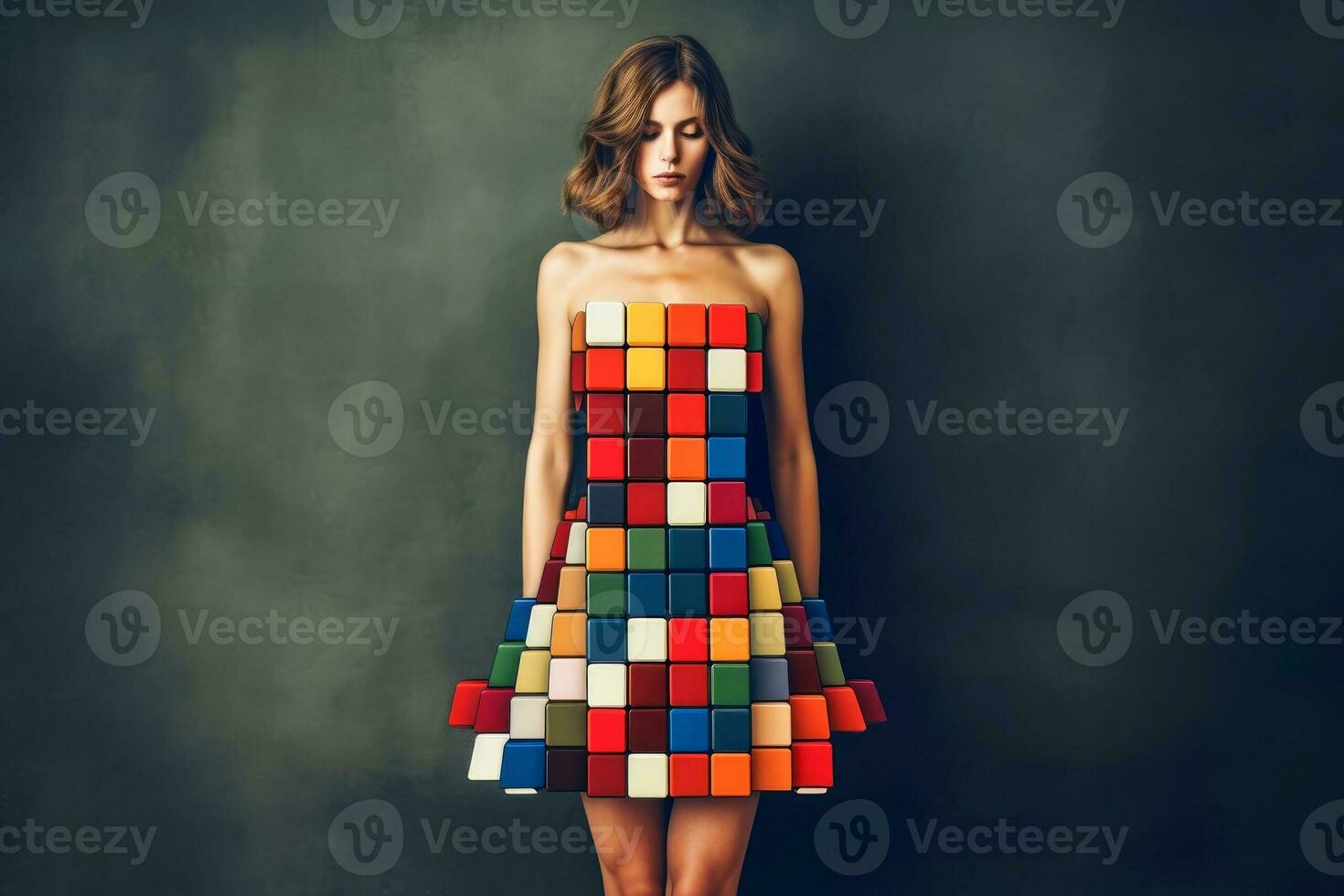 un' donne indossare un' vestito nel cubo stile surrealismo creato con generativo ai tecnologia. foto