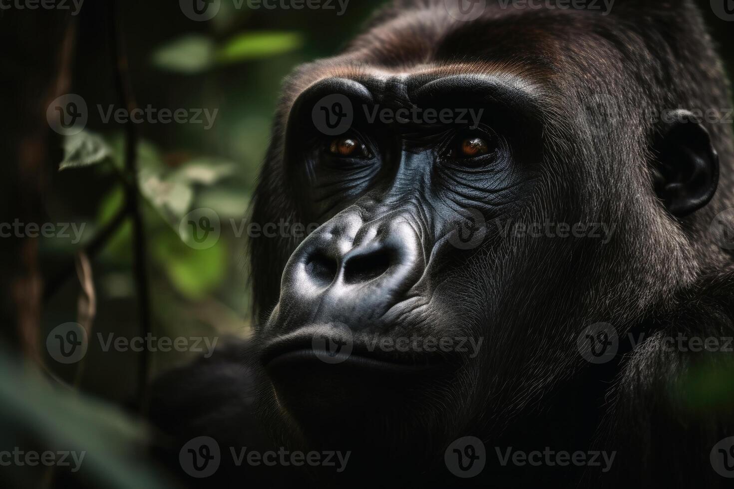 un' ritratto di un' grande maschio gorilla nel il giungla creato con generativo ai tecnologia. foto