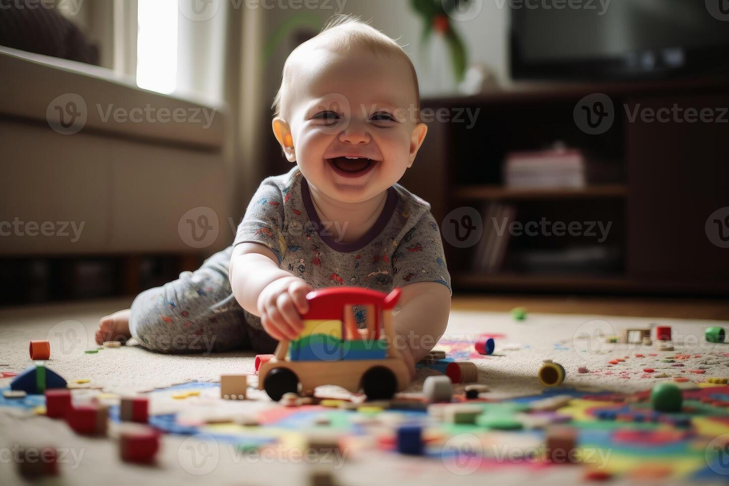 un' ridendo poco bambino giocando su il pavimento con giocattoli creato con generativo ai tecnologia. foto