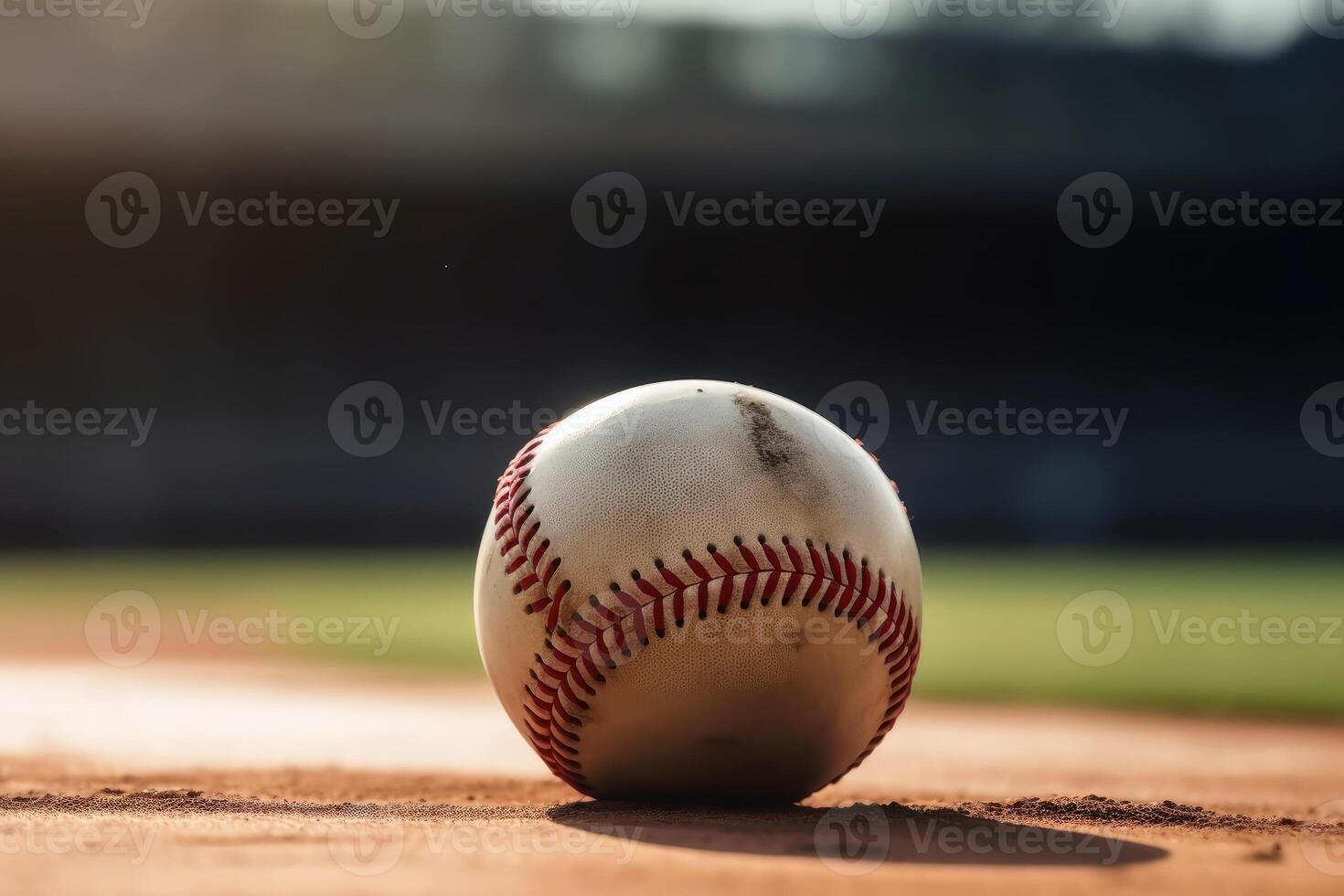 vicino su di un' baseball con un' campo di gioco sfondo creato con generativo ai tecnologia. foto