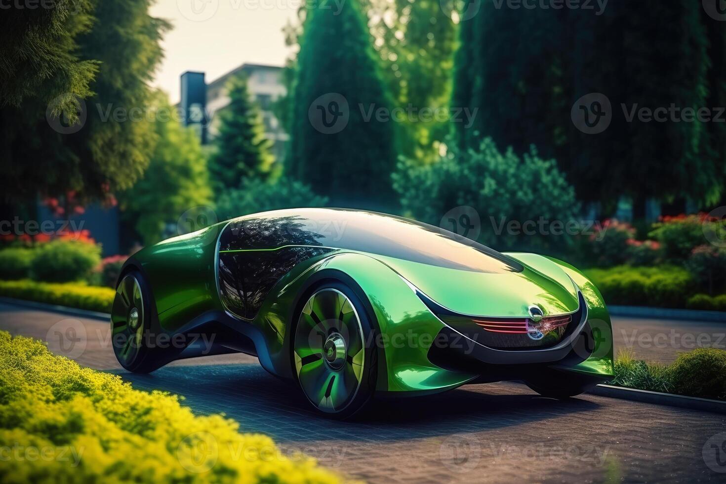 futuristico elettrico auto nel un' verde città creato con generativo ai tecnologia. foto