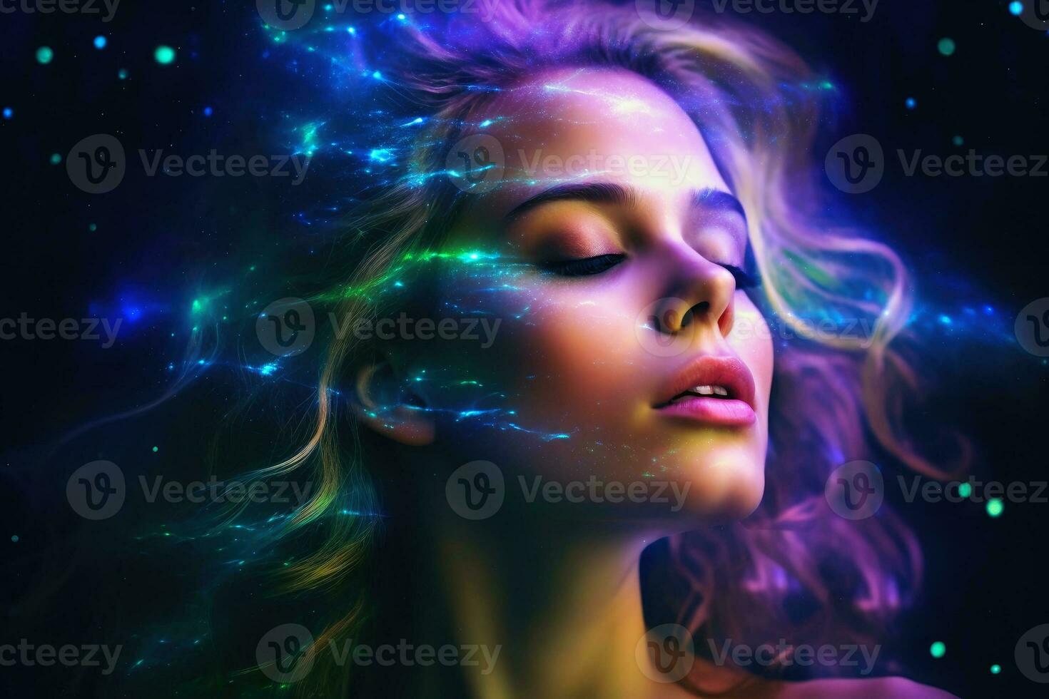 etereo e ipnotizzante donna ritratto nel un' galassia ambiente creato con generativo ai tecnologia. foto
