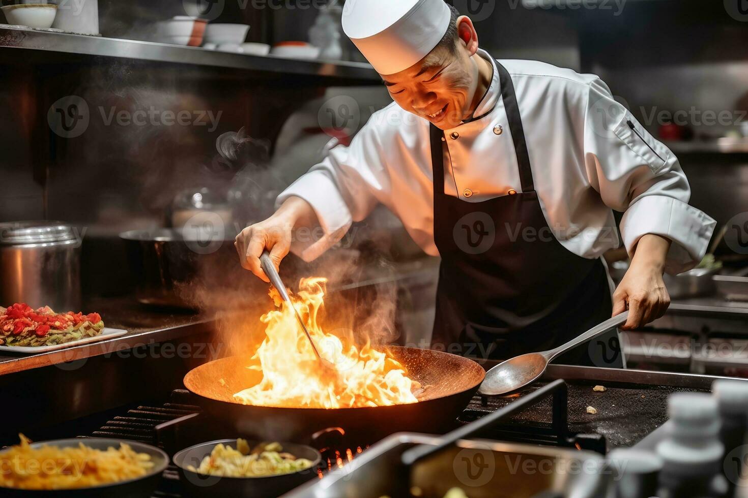 un' capocuoco cucinando un' gustoso piatto creato con generativo ai tecnologia. foto