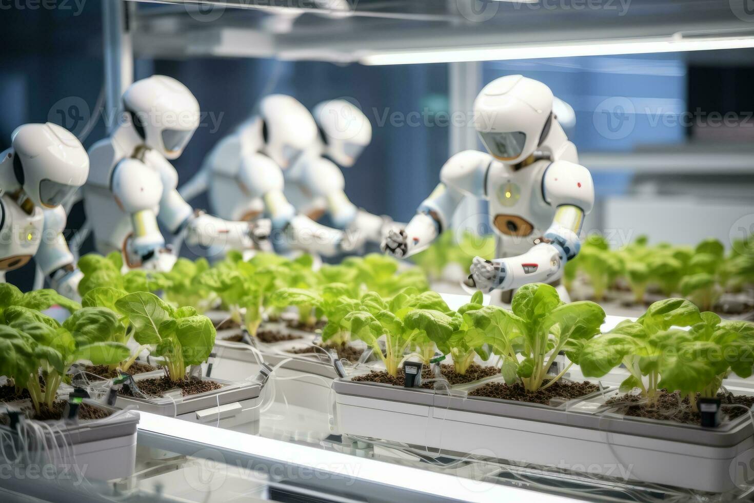 robot lattuga impianti nel laboratorio futuristico robotica agricoltori trasformando agricoltura con Avanzate tecnologia azienda agricola automazione ai generato foto