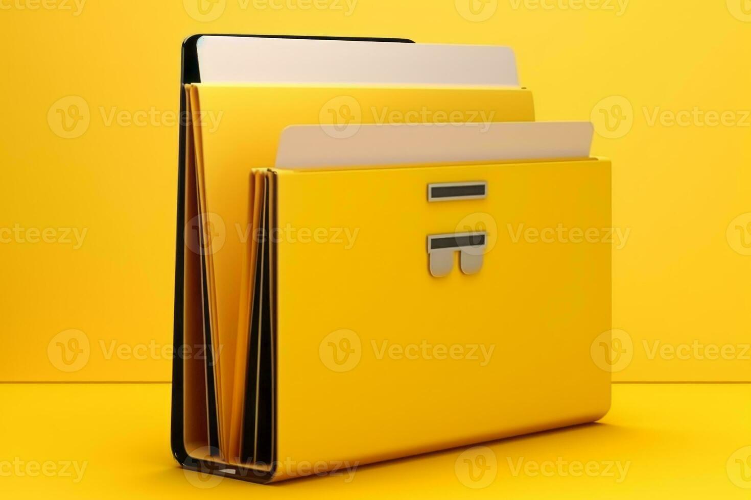 giallo sfondo con il computer portatile file cartella, ai generato foto