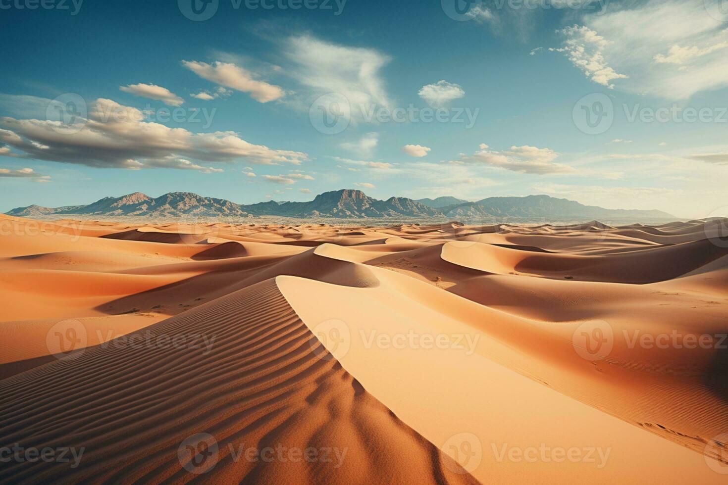 globale riscaldamento raffigurato nel un' drammatico deserto scena con sterile sabbia dune ai generato foto