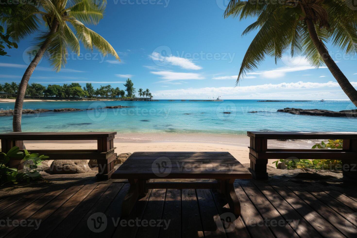 immagine perfetta vacanza scena, spiaggia, di legno piattaforma, palma alberi, azzurro acque ai generato foto