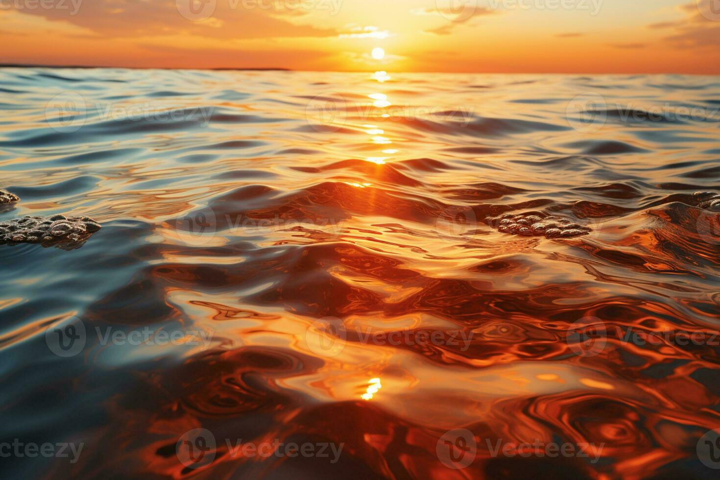 vivace arancia sole crea travolgente riflessi su acqua e orizzonte ai generato foto