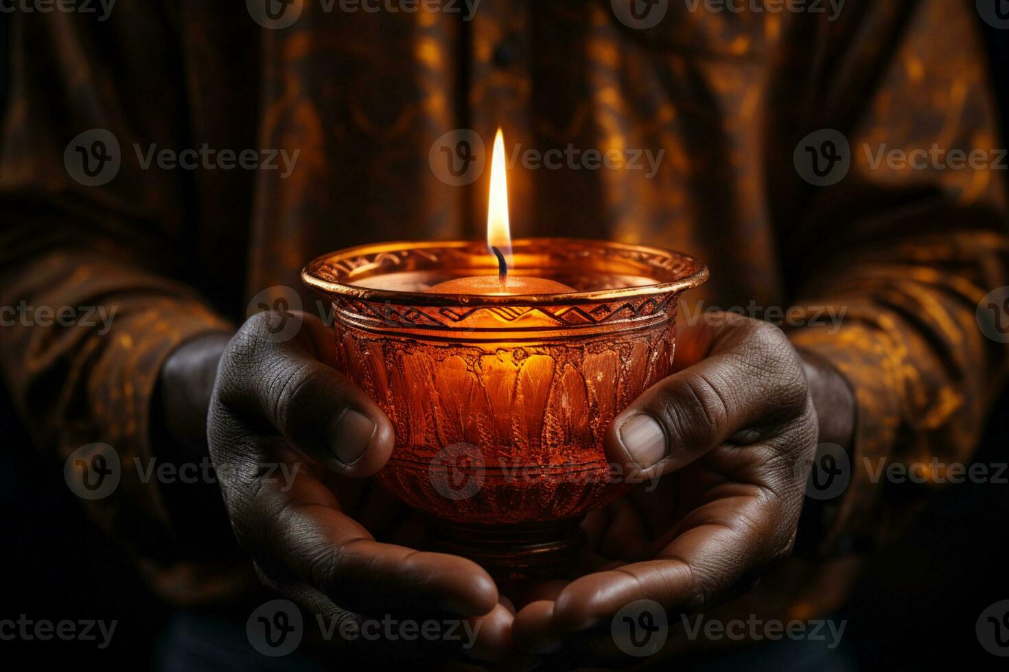 mani hold un' radiante candela, penetrante attraverso il oscurato dintorni ai generato foto