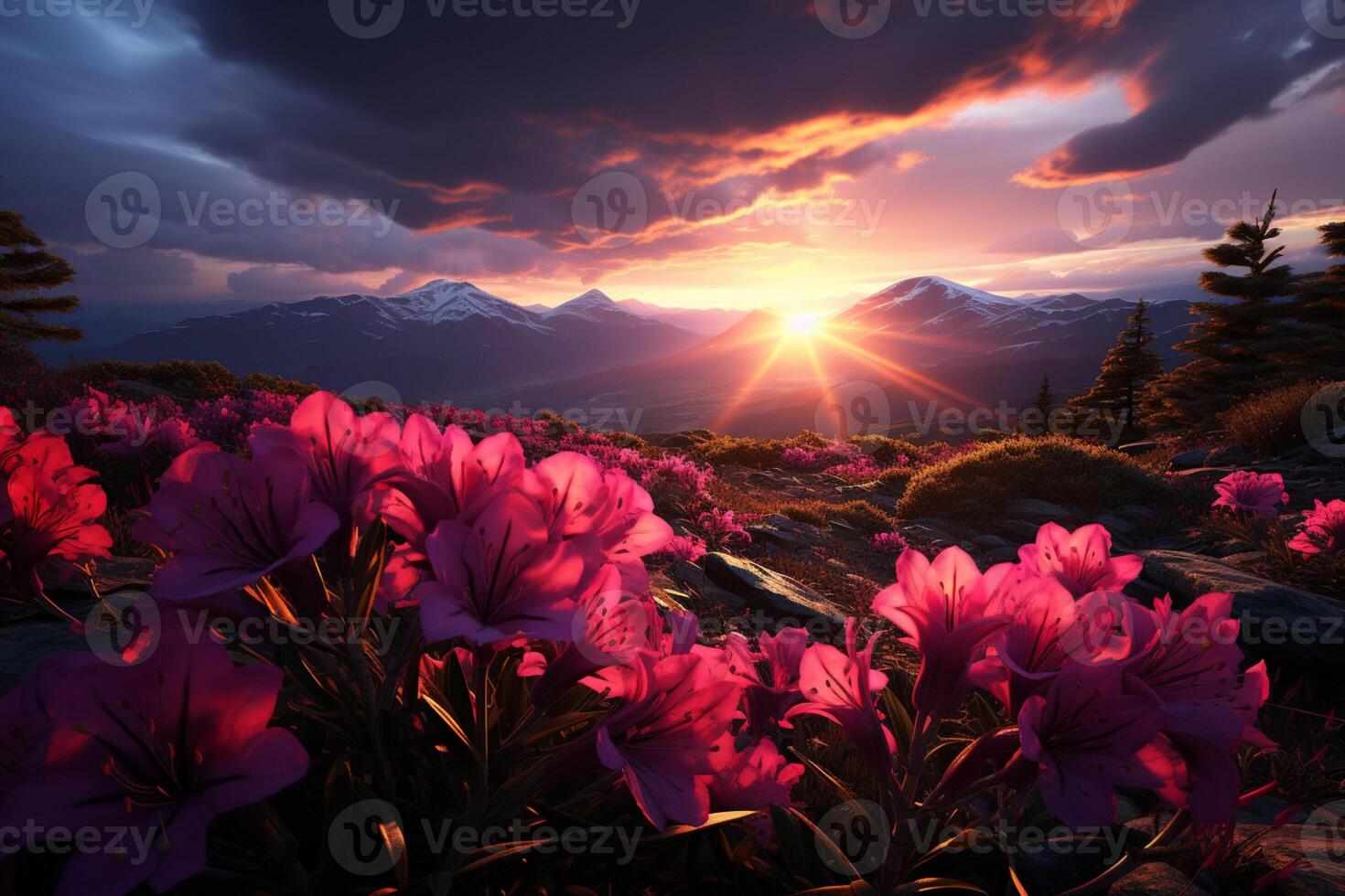 un' ipnotizzante paesaggio, tramonto montagne ornato con vivace rododendro fiori ai generato foto