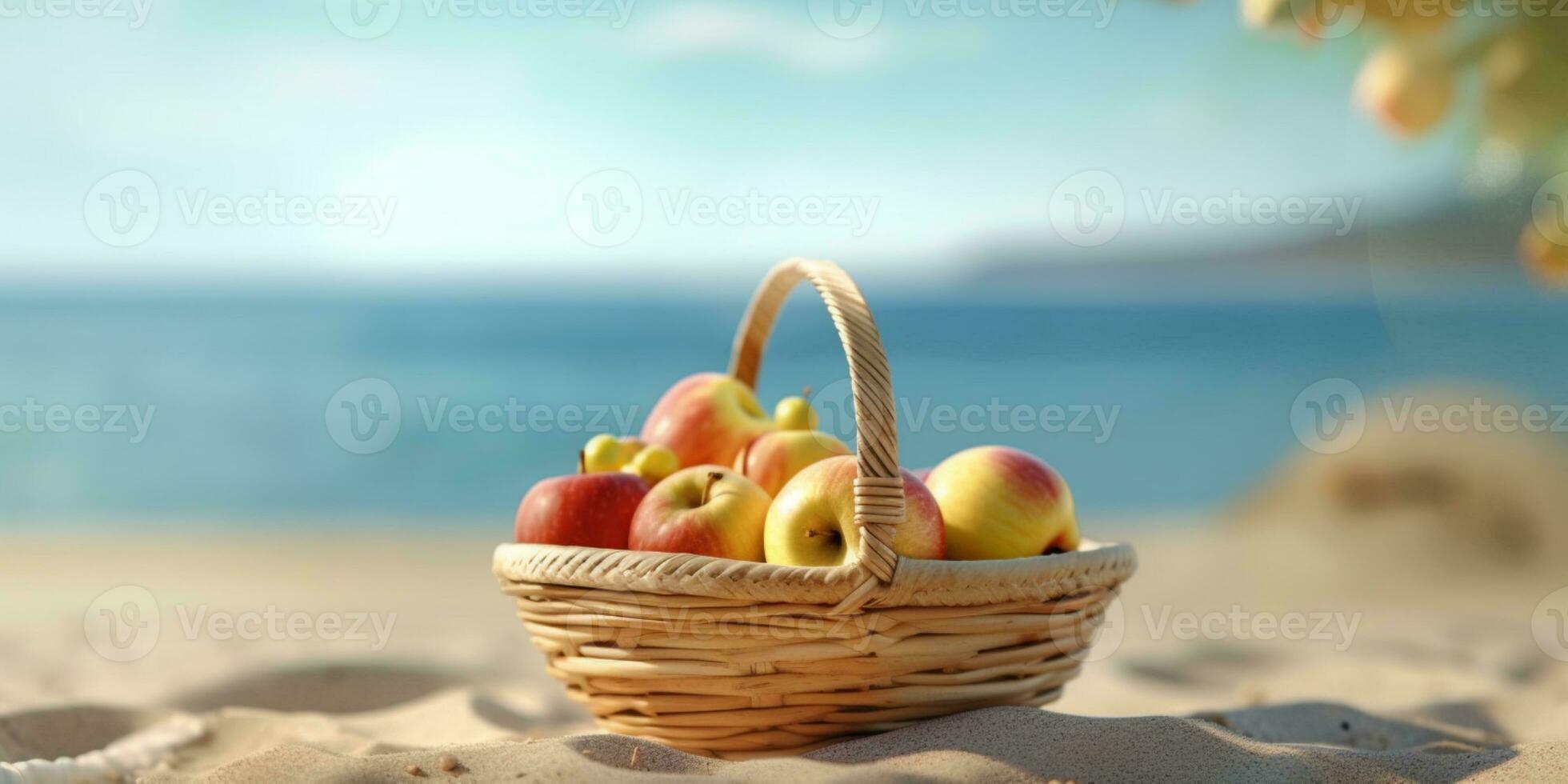 picnic con pesca su spiaggia sabbia vacanza sfondo. ai generato foto