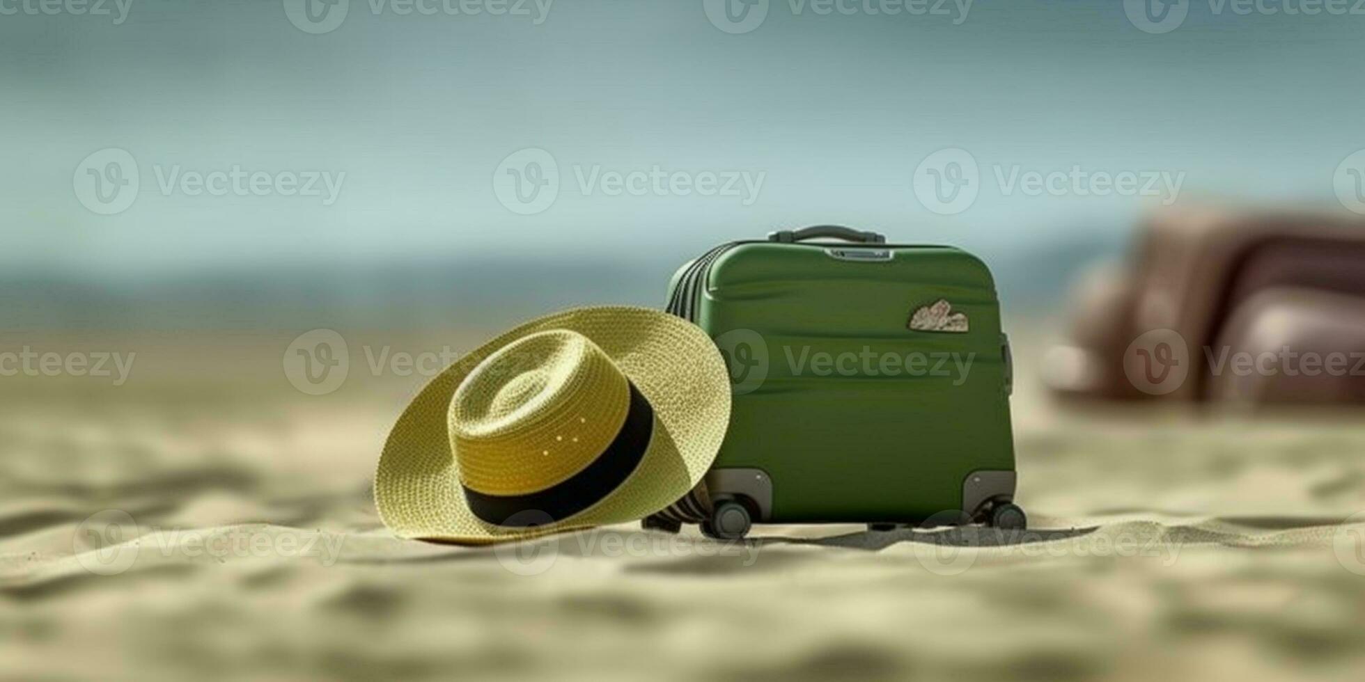 cannuccia cappello e verde valigia su spiaggia sabbia vacanza sfondo. ai generato foto
