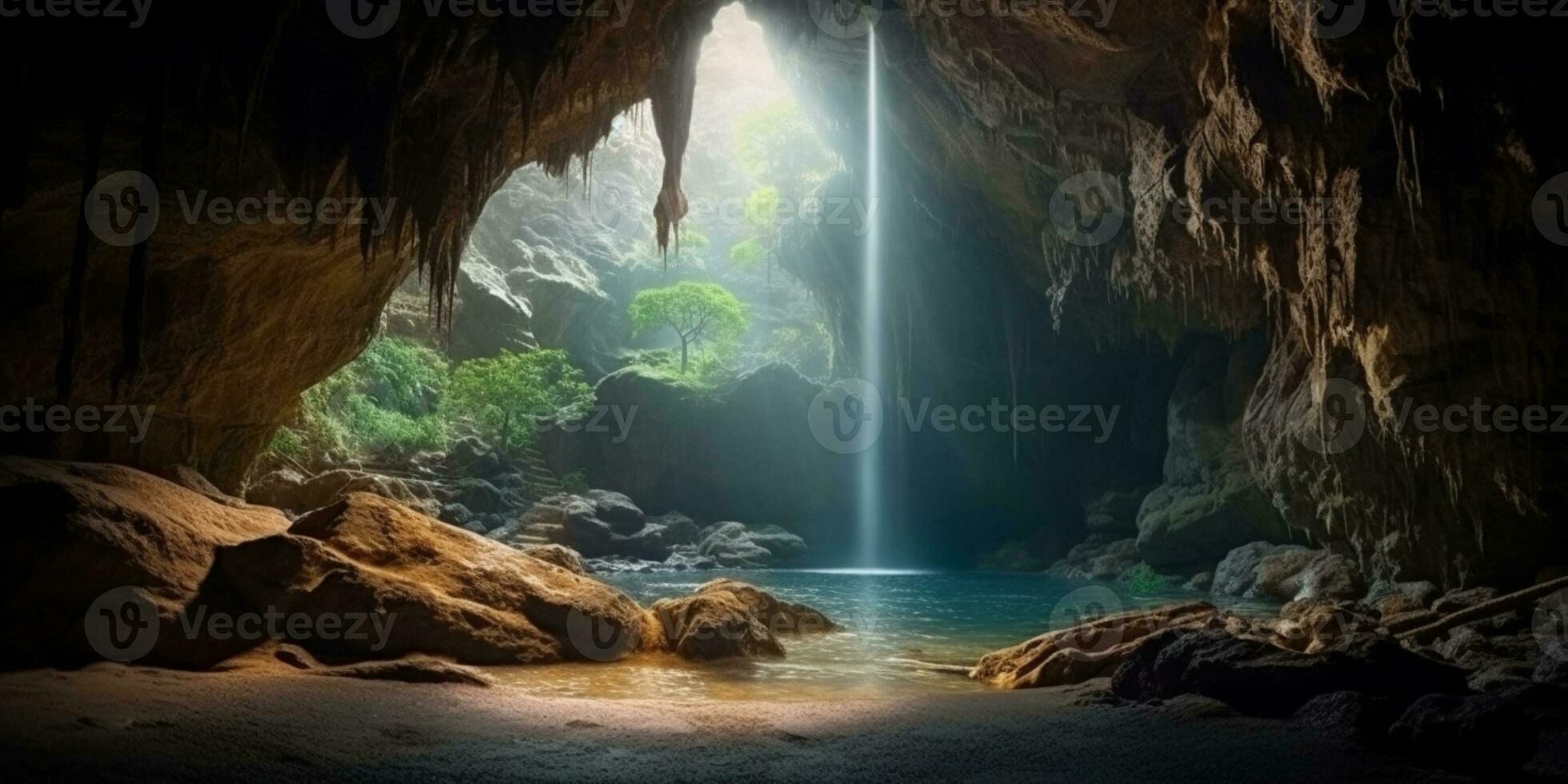 cascata e Camera grotta copia spazio sfocato sfondo, ai generato foto