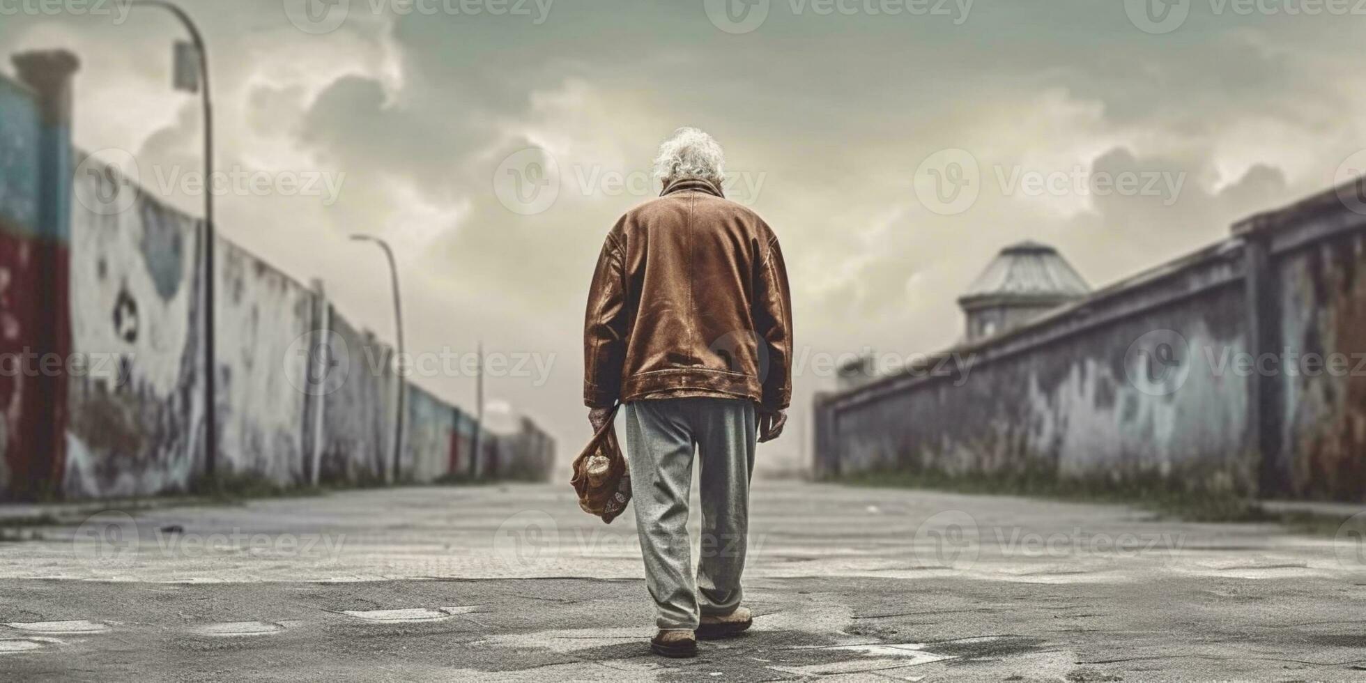 mentale Salute un' vecchio uomo e a piedi strada copia spazio sfondo, ai generato foto
