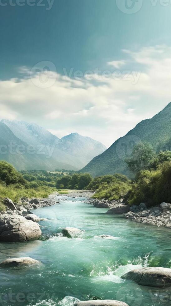 montagna, fiume e cielo copia spazio sfondo. ai generato foto