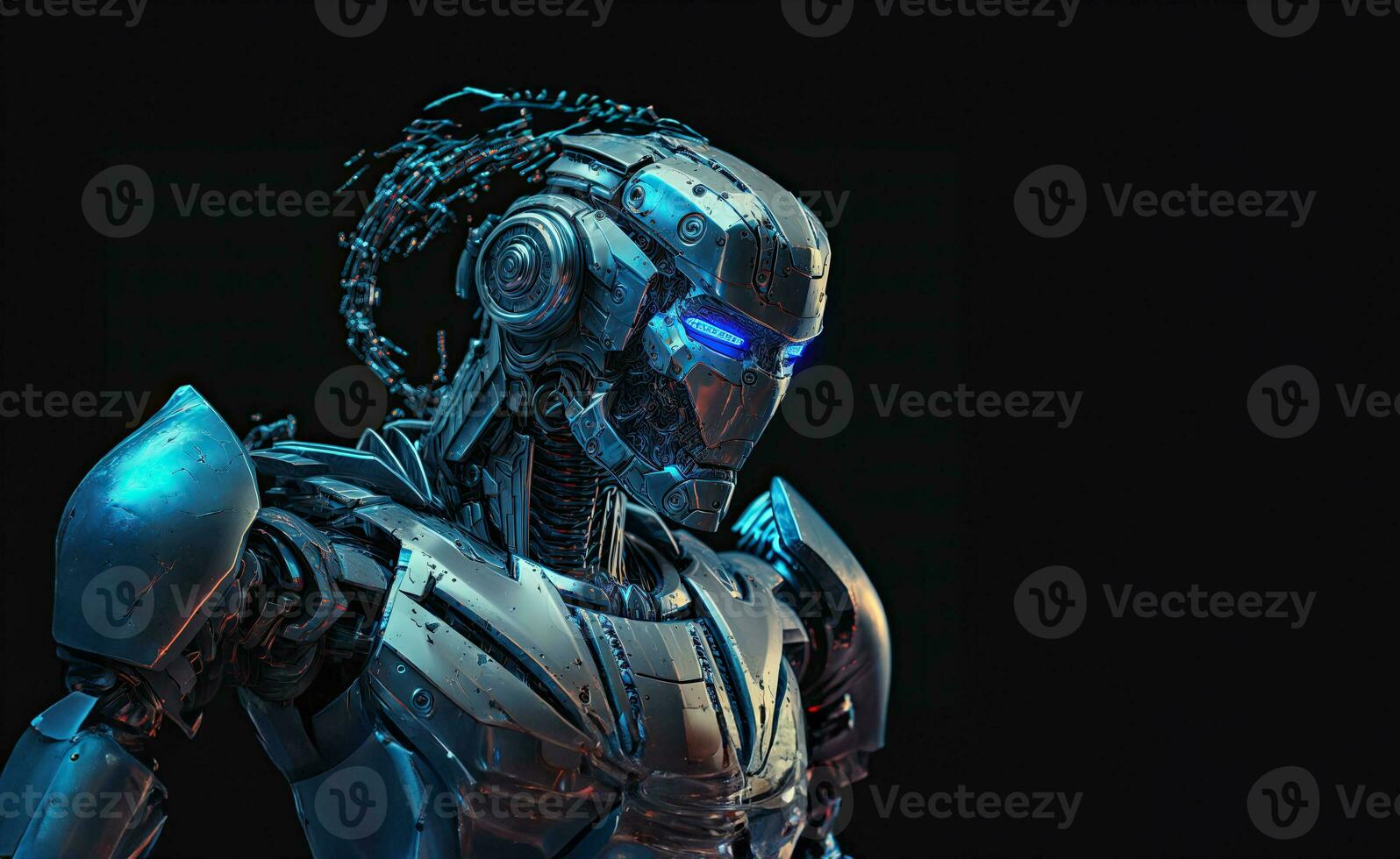 un' robot con un' di colore blu metallico finire, l'esecuzione vario compiti e in mostra Avanzate artificiale intelligenza capacità. generativo ai foto