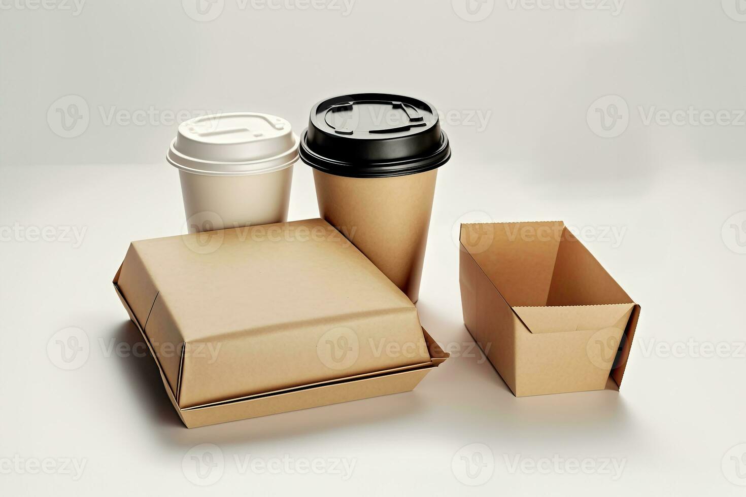 consegna contenitori per porta via cibo. carta caffè tazza con confezionato cibo. generativo ai. foto