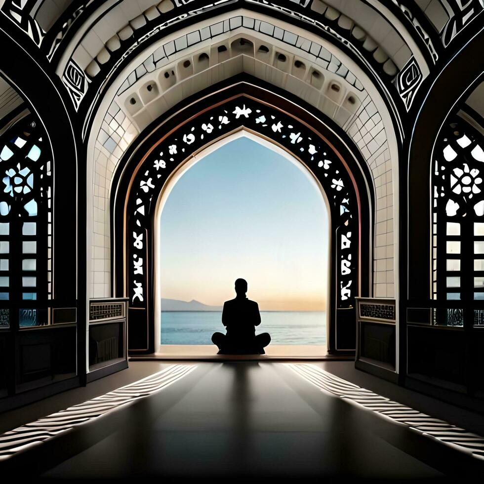 silhouette oggetto nel il moschea, musulmano persone preghiere con il atmosfera di un' moschea nel il mezzo est, bene per uso per attività commerciale, blog, presentazione, religioso. di ai generativo Immagine foto