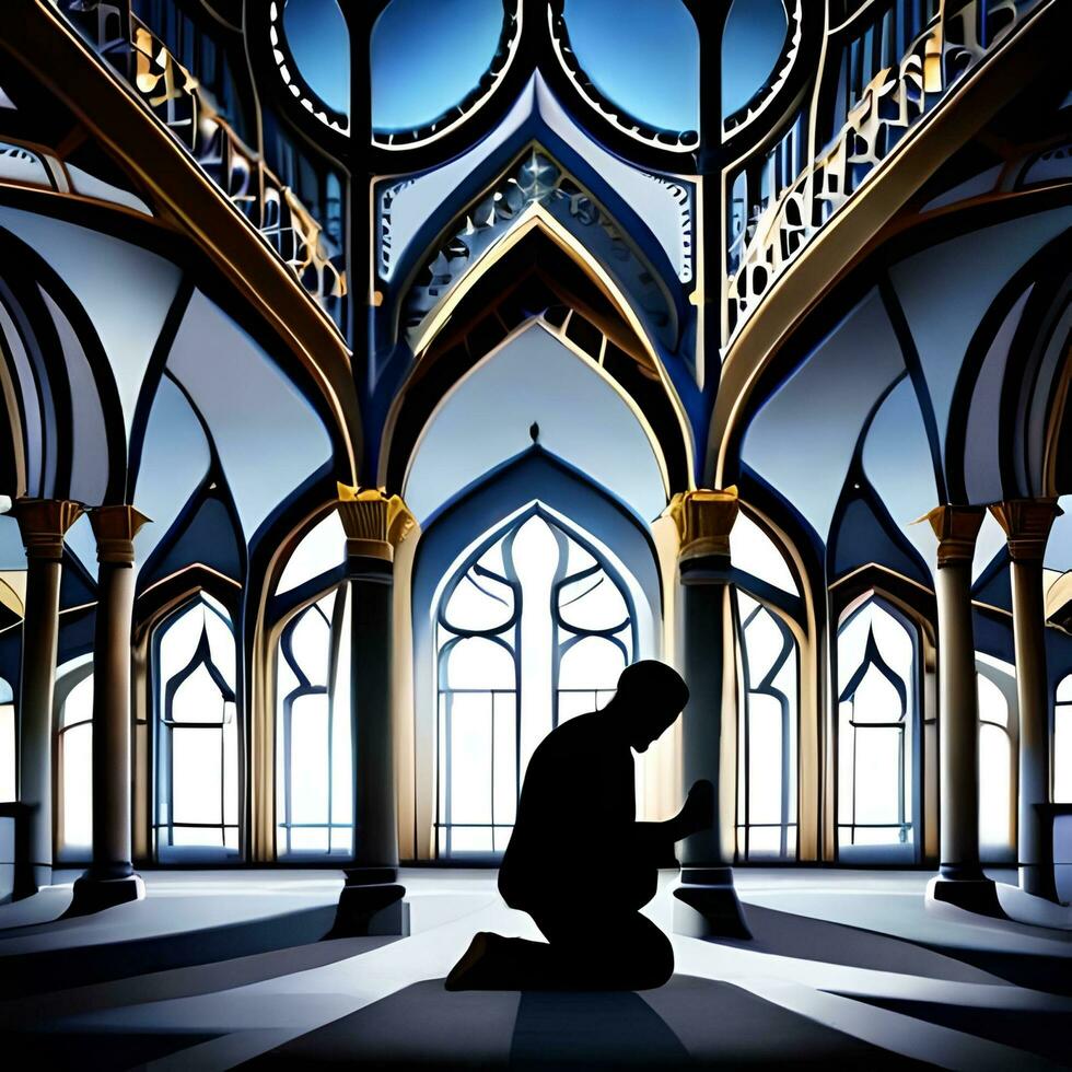 silhouette oggetto nel il moschea, musulmano persone preghiere con il atmosfera di un' moschea nel il mezzo est, bene per uso per attività commerciale, blog, presentazione, religioso. di ai generativo Immagine foto