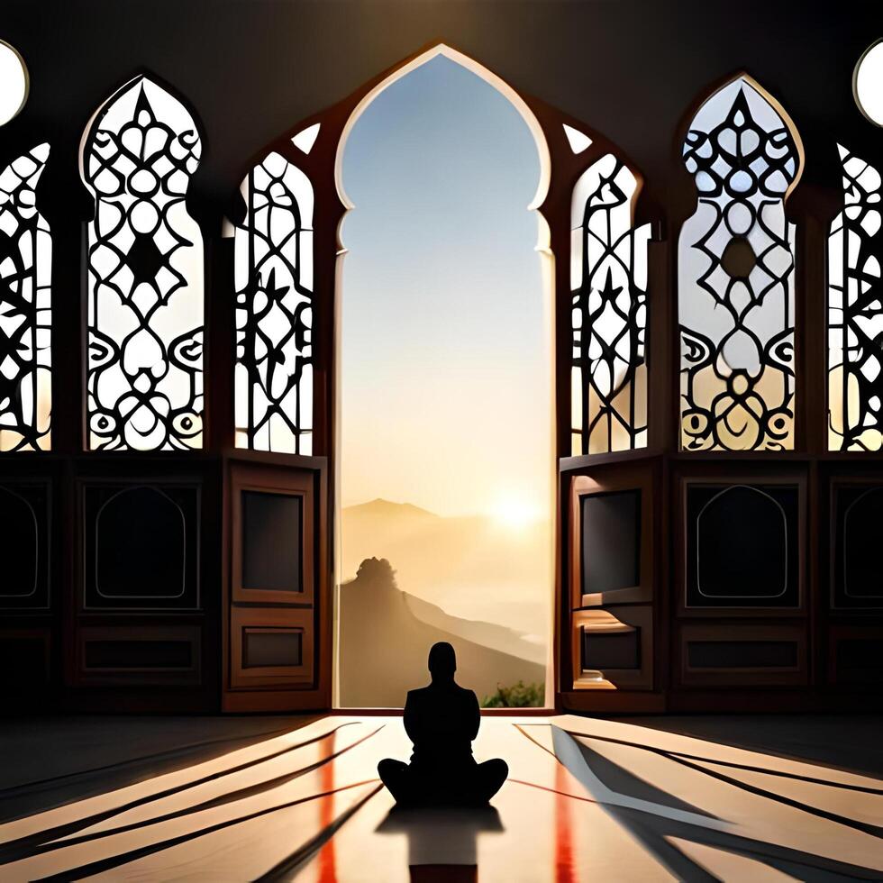 silhouette oggetto nel il moschea, musulmano persone preghiere con il atmosfera di un' moschea nel il mezzo est, bene per uso per attività commerciale, blog, presentazione, religioso. di ai generativo Immagine foto