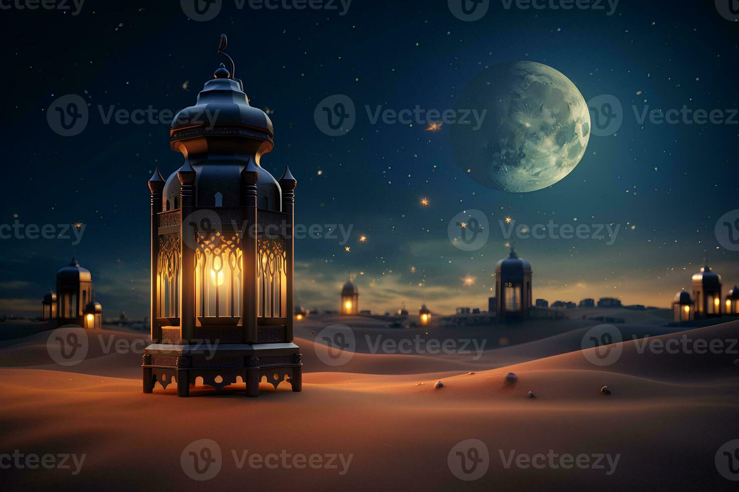 lanterna islamico e mezzaluna Luna nel il deserto. Ramadan kareem. generativo ai foto