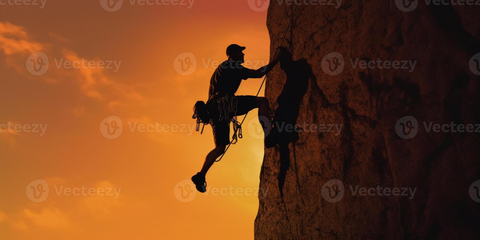 uomo roccia arrampicata silhouette sfocato sfondo, ai generato foto