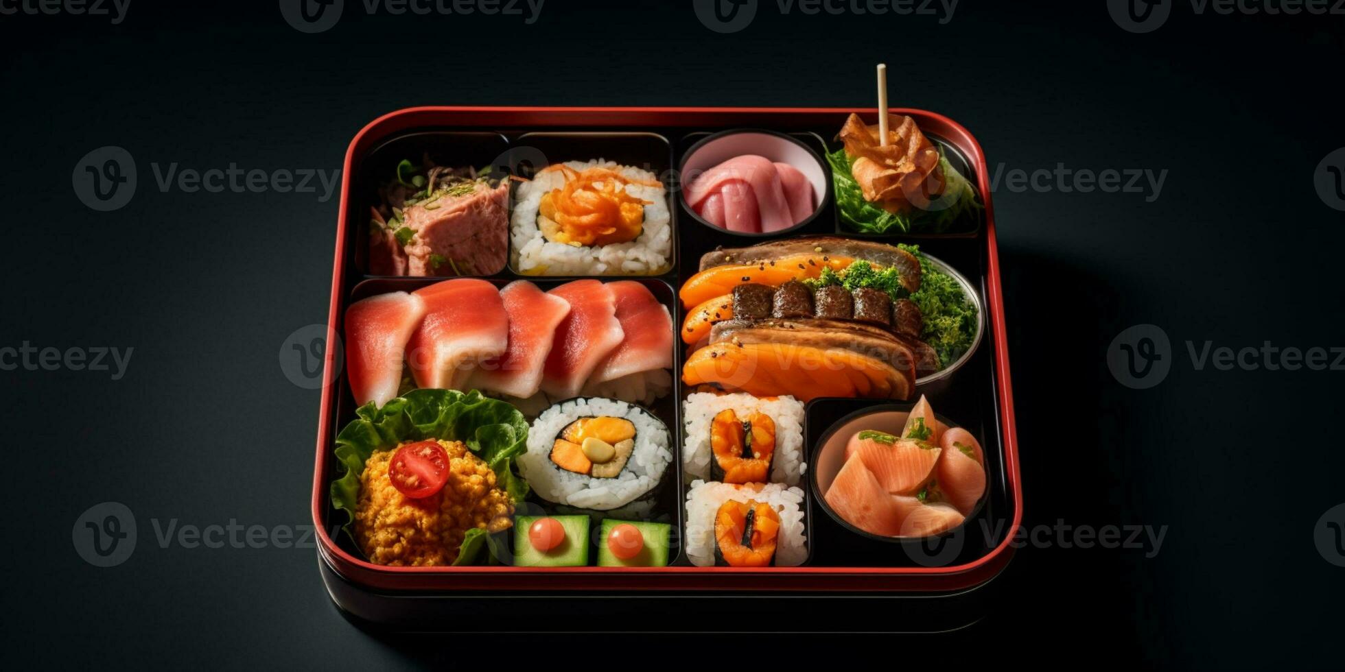 Sushi bento scatola il pranzo, ai generato foto