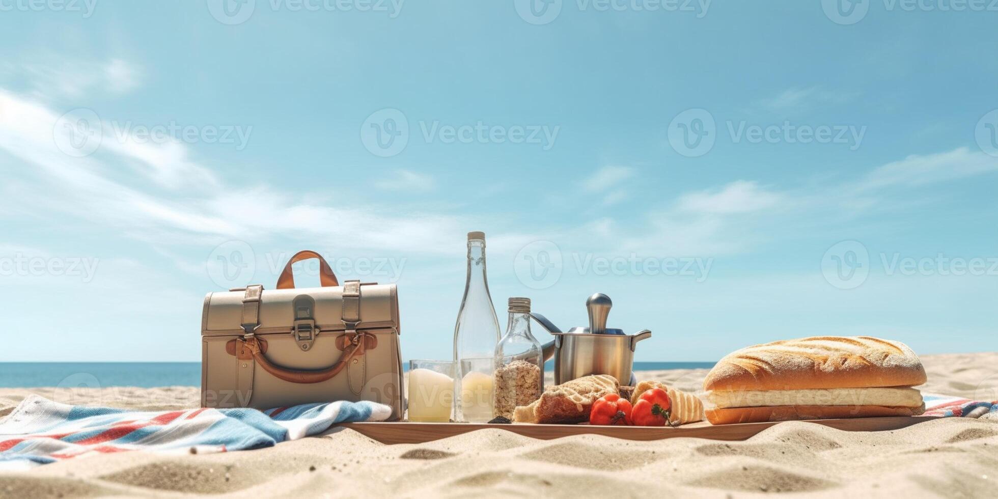 picnic con pane su spiaggia sabbia vacanza sfondo. ai generato foto