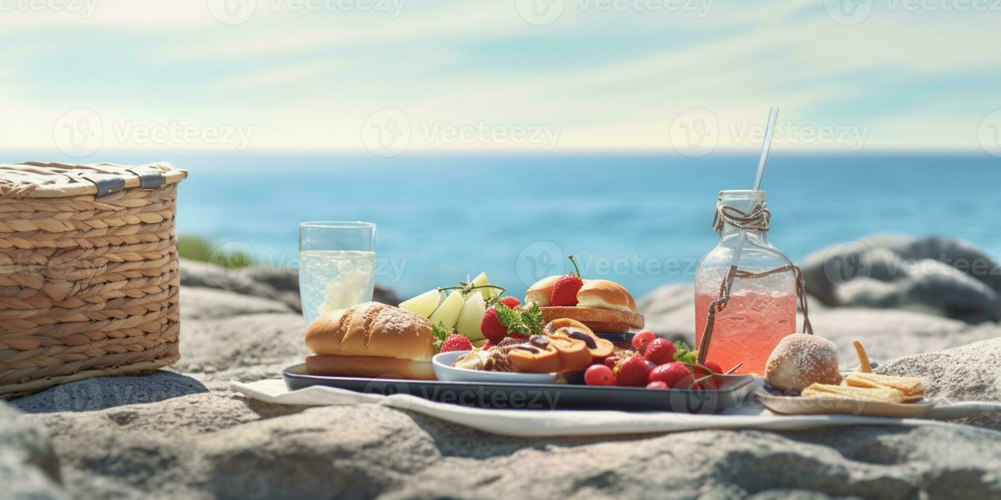 picnic con pane su spiaggia sabbia vacanza sfondo. ai generato foto