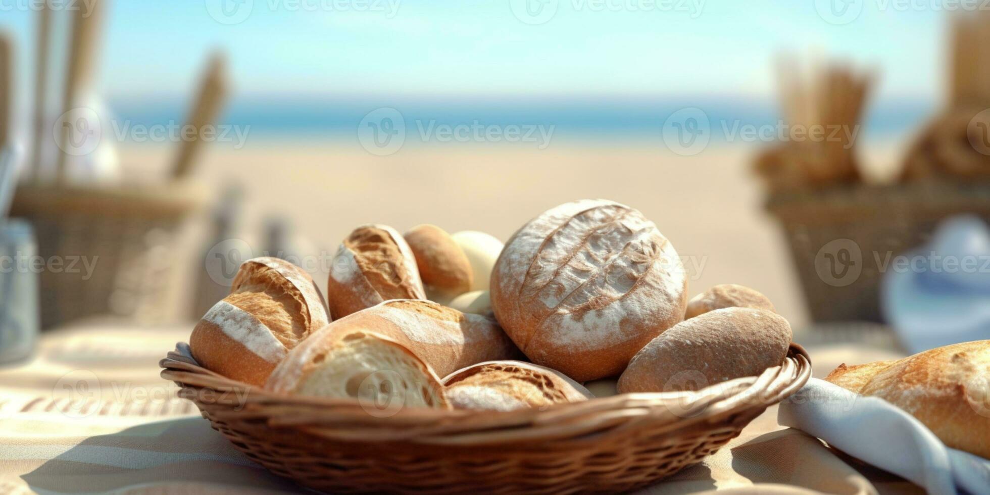 picnic con pane su spiaggia sabbia vacanza sfondo. ai generato foto