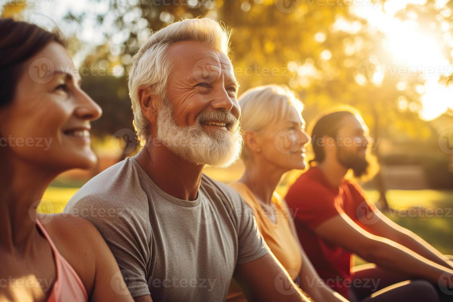 generativo ai illustrazione di gruppo di maturo uomini e donne nel classe a all'aperto yoga ritiro foto