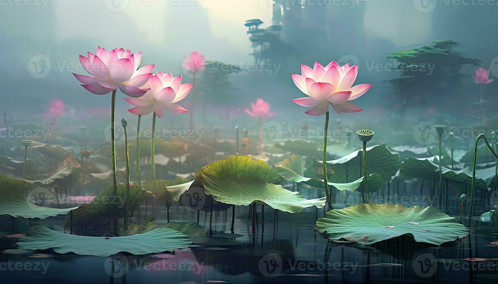 generativo ai illustrazione di loto fiore nel stagno, pulito sfondo colore, nebbioso, illusorio foto