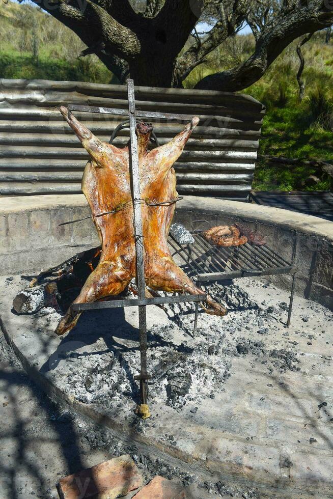 agnello su il sputo, cucinato con il tradizionale argentino metodo, la pampa Provincia, patagonia, argentina. foto